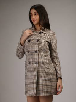 HONNETE - Beige Stylish Checkered Design Winter Coat