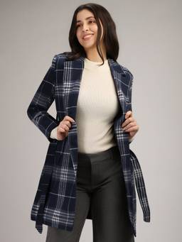 HONNETE - Blue Stylish Checkered Design Winter Coat