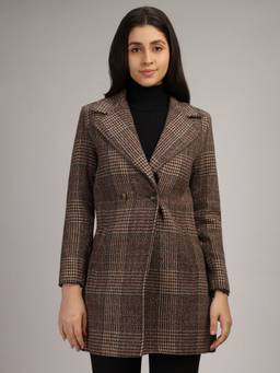 HONNETE - Brown Stylish Checkered Design Winter Coat