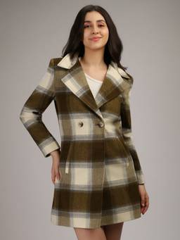 HONNETE - White Brown Stylish Checkered Design Winter Coat