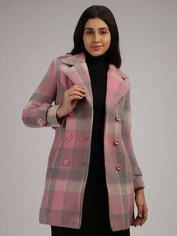 HONNETE - Pink Grey Stylish Checkered Design Winter Coat