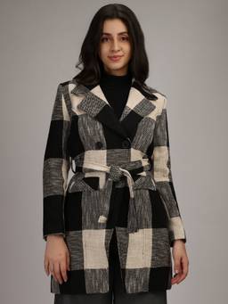 HONNETE - Black White Stylish Checkered Design Winter Coat