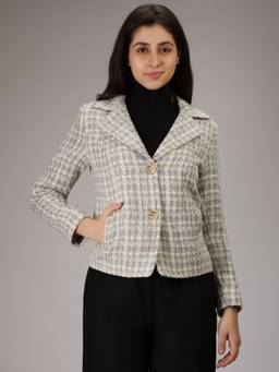 HONNETE - Cream Grey Stylish Checkered Design Winter Coat