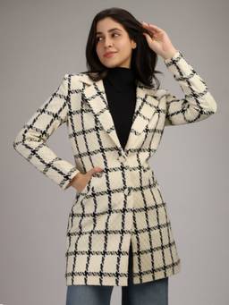 HONNETE - Black White Stylish Checkered Design Winter Coat