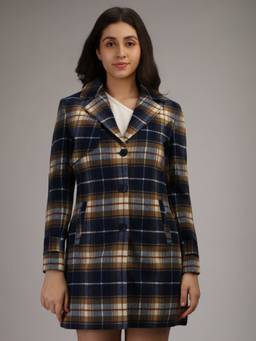 HONNETE - Blue Brown Stylish Checkered Design Winter Coat