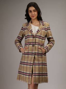 HONNETE - Brown Beige Stylish Checkered Design Winter Coat