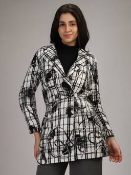 HONNETE - Black White Stylish Houndstooth Design Winter Coat