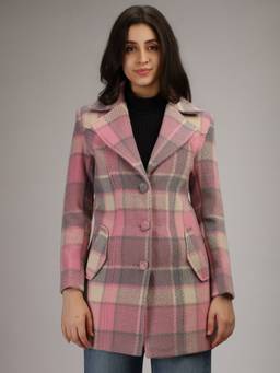 HONNETE - Pink Stylish Checkered Design Winter Coat