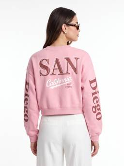 JUNEBERRY - Pale Pink Fleece Printed Oversized Cropped Sweatshirt