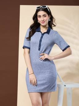 Latin Quarters - Women'S Textured Blue Half Sleeve Collar Neck Casual T-Shirt Mini Dress