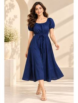 STUDIO MISRI - Women’S Navy Blue Puff Sleeve Midi Dress