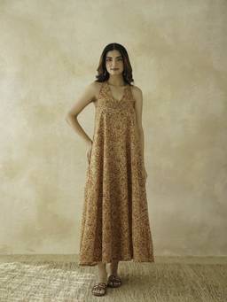 GOODHAND - Cotton Printed Aline Moana Mustard Maxi Dress
