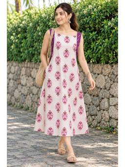 SILSELAH - Women Off White Cotton A-Line Dress