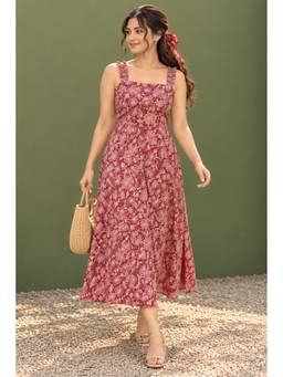 SILSELAH - Women Maroon Cotton A-Line Dress