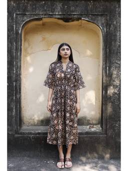 Pichori - Women Black Cotton Floral Hand Block Print Maxi Dress