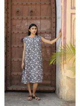 Pichori - Women Grey Cotten Flex Hand Bock Print A-Line Midi Dress
