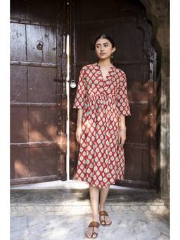 Pichori - Women Red Bagru Hand Block Print Cotton Midi Dress