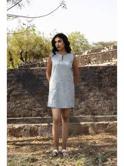 Pichori - Women Blue Hand Block Print Cotton Flex Mini Dress