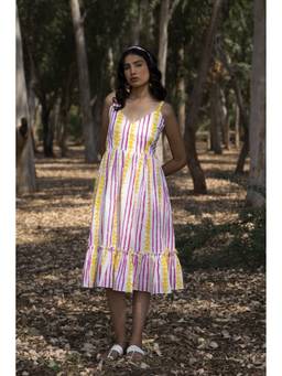 Pichori - Women White Hand Block Printed Cotton Midi Dress