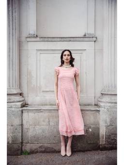 VALERE - Peach Georgette Ruffle Sleeve Dress