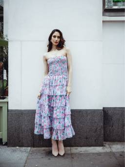 VALERE - Pink Floral Print Chiffon Strapless Tiered Dress