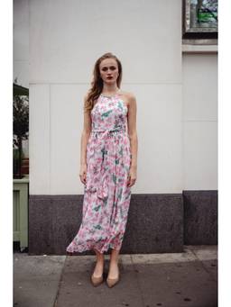 VALERE - White Floral Print Chiffon Halter Neck Dress