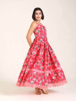 VALERE - Red Floral Print Cotton Tiered Dress