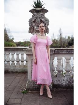 VALERE - Pink Silk Organza Square Neck Dress
