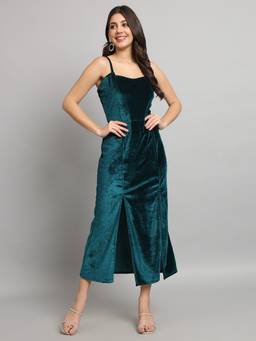VAARARO - Women Solid Velvet Bodycon Green Midi Dress