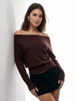 Outzidr - Brown Off-Shoulder Solid Sweatshirt