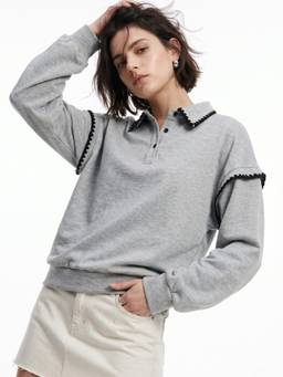 Outzidr - Grey Halt Button Down Collared Sweatshirt With Contrast Binding