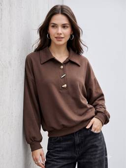 Outzidr - Brown Metal Button Collared Sweatshirt