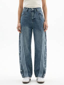 Outzidr - Blue Side Striped With Star Printed Wide Leg Jeans