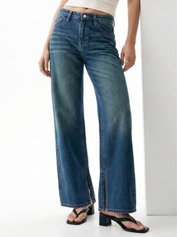 Outzidr - Dark Blue High Rise Wide Leg Jeans