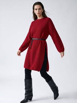 Outzidr - Maroon Side High Slit Full Sleeve High Neck Dress With Belt
