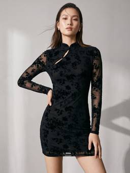 Outzidr - Black High Neck Mandarin Flock Mesh Bodycon Dress