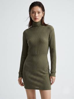 Outzidr - Olive High Neck Ribbed Textured Full Sleeved Dress