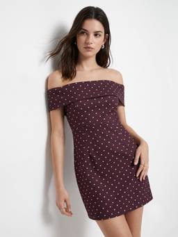 Outzidr - Brown Off-Shoulder Polka Dotted Dress