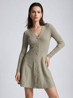 Outzidr - Olive Full Sleeve Front Buttoned Dress