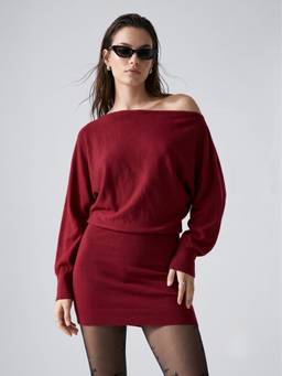Outzidr - Red One Shoulder Full Sleeve Dress