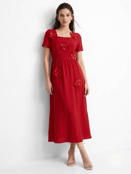 Outzidr - Women Red Polyester Flared Dress
