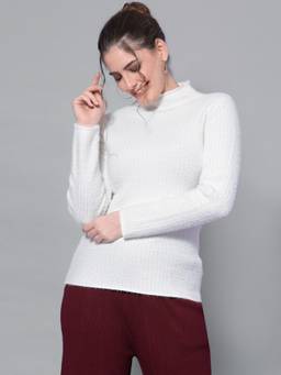 Mafadeny - Women Solid Long Sleeves Turtle Neck Viscose White Sweater