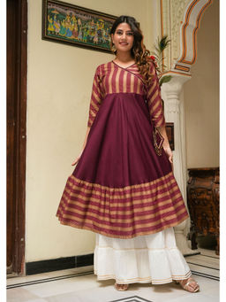 Yash Gallery - Womens Plus Size Rayon Stripe Printed Anarkali Kurta - Maroon