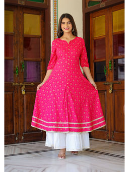 Yash Gallery - Womens Plus Size Floral Gold Printed Anarkali Kurta - Pink