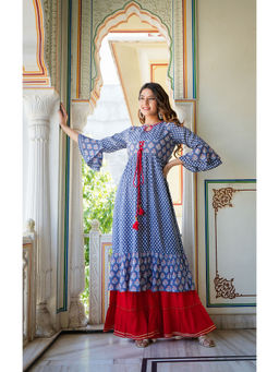 Yash Gallery - Womens Plus Size Blue Floral Printed Anarkali Kurta - Grey
