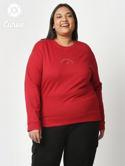 Twenty Dresses by Nykaa Fashion - Curve Red Solid Crew Neck Basics Sweatshirt