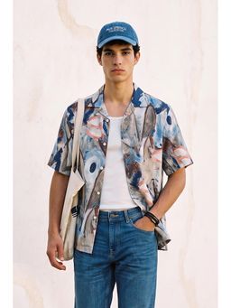Snitch - Light Blue Abstract Half Sleeves Boxy Shirt for Men