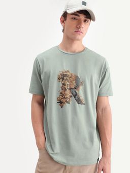 Rare Rabbit - Men Jeh Dusky Green Cotton Blend Graphic Print T-Shirt