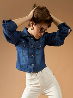 DOLCE CRUDO - Women's Navy Blue Full Sleeves Buttoned Denim Embellished Cropped Jacket