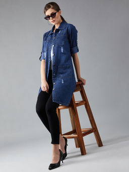 DOLCE CRUDO - Women's Navy Blue Full Sleeves Denim Knee-Length Jacket